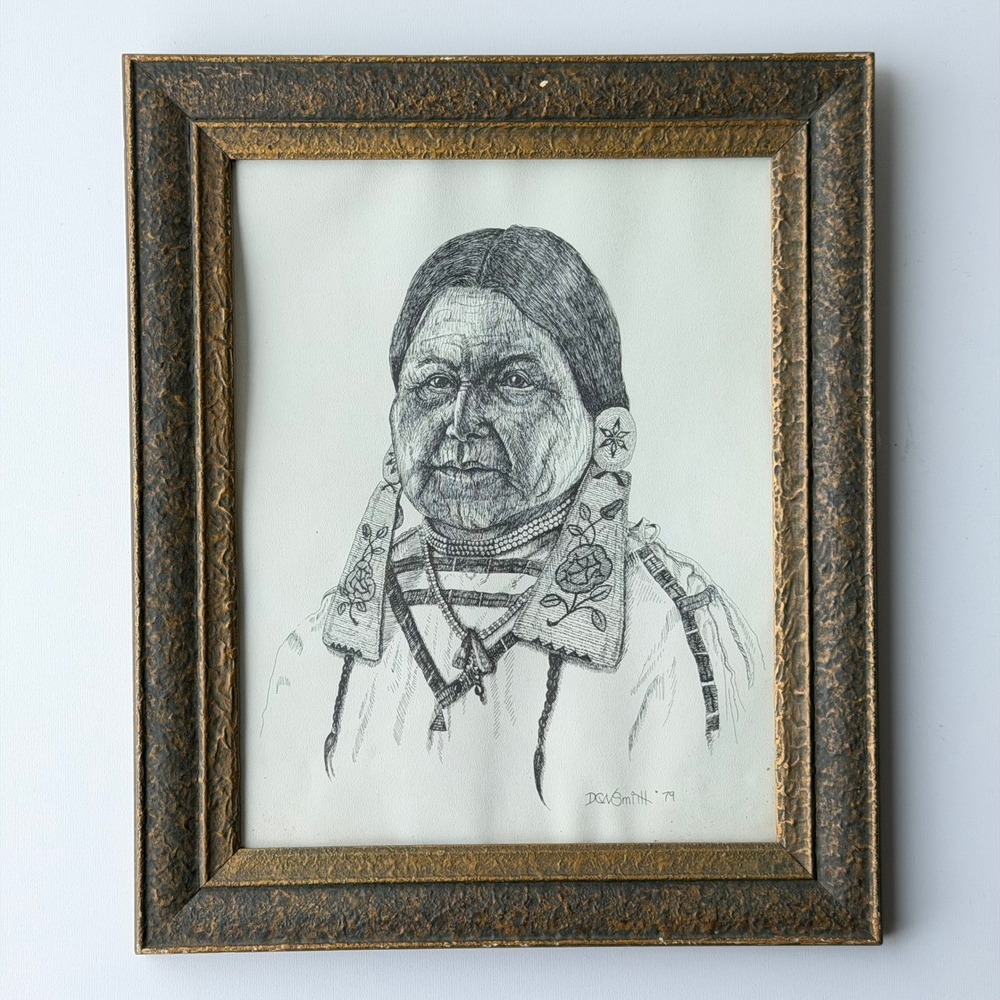 Vintage Native American Portrait Pen Drawing 1979 Framed Signed Western‎ Rustic